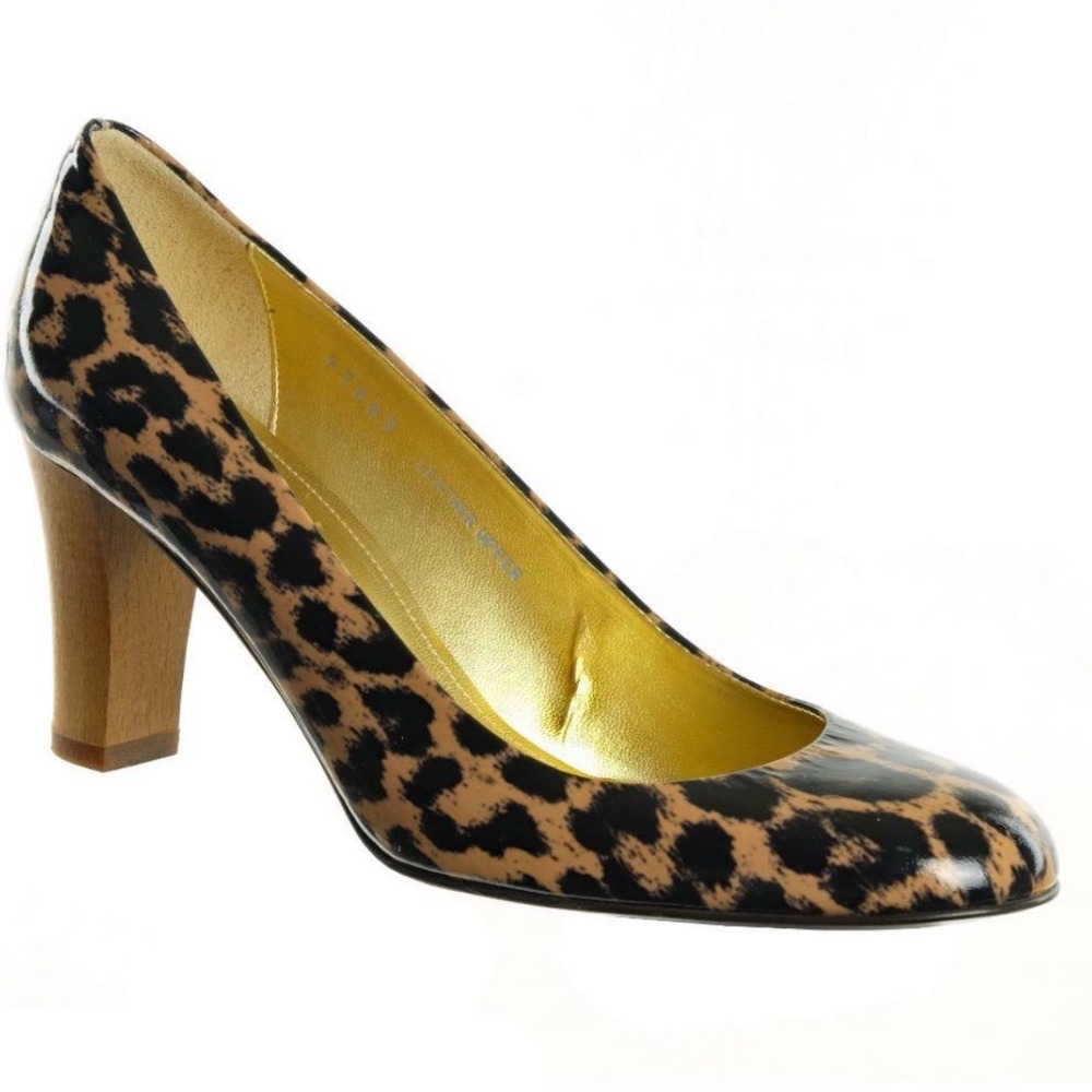 J.Crew Leopard Print Patent Leather Pumps Wood Block Heel Gold Lining Made Italy